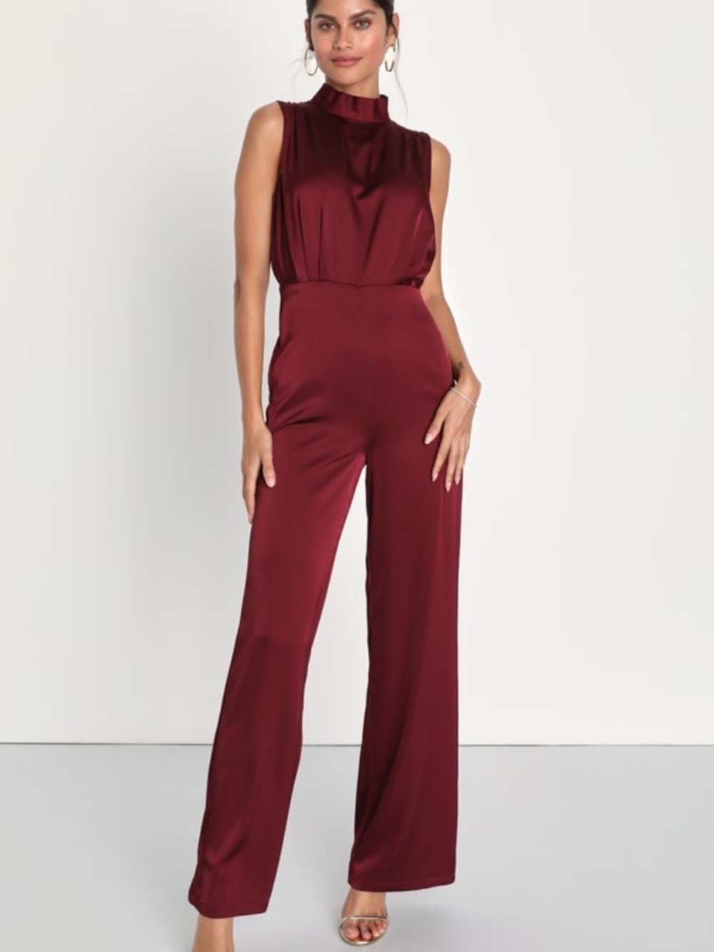 Lulus Classic Elegance Wine Red Satin Sleeveless Mock Neck Jumpsuit - Size L